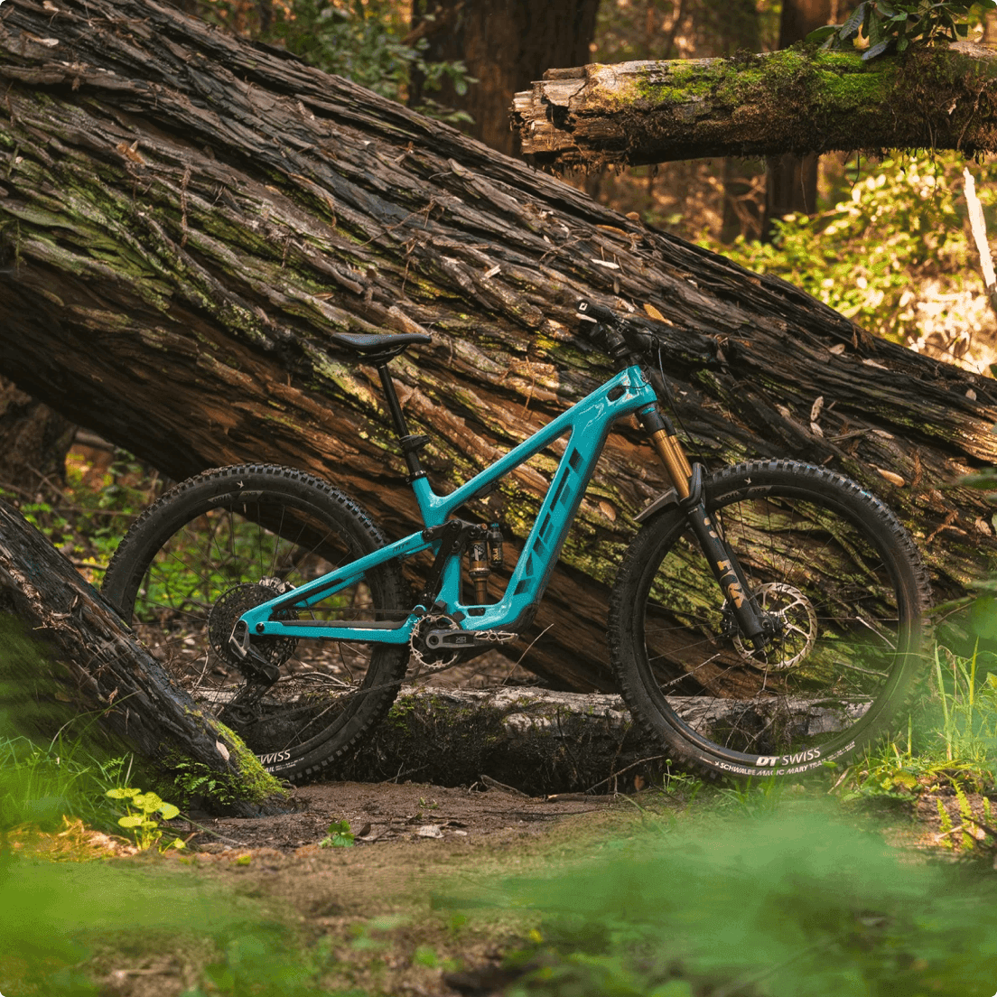 Mountain bike biammortizzata turchese Yeti Cycles con ruote DT Swiss su un sentiero forestale sterrato