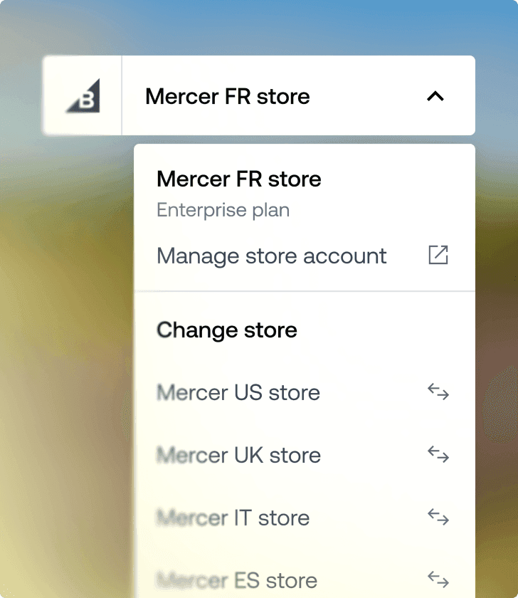 Menu a discesa del selettore multinegozio che mostra il negozio Mercer FR e le opzioni per passare ai negozi internazionali.