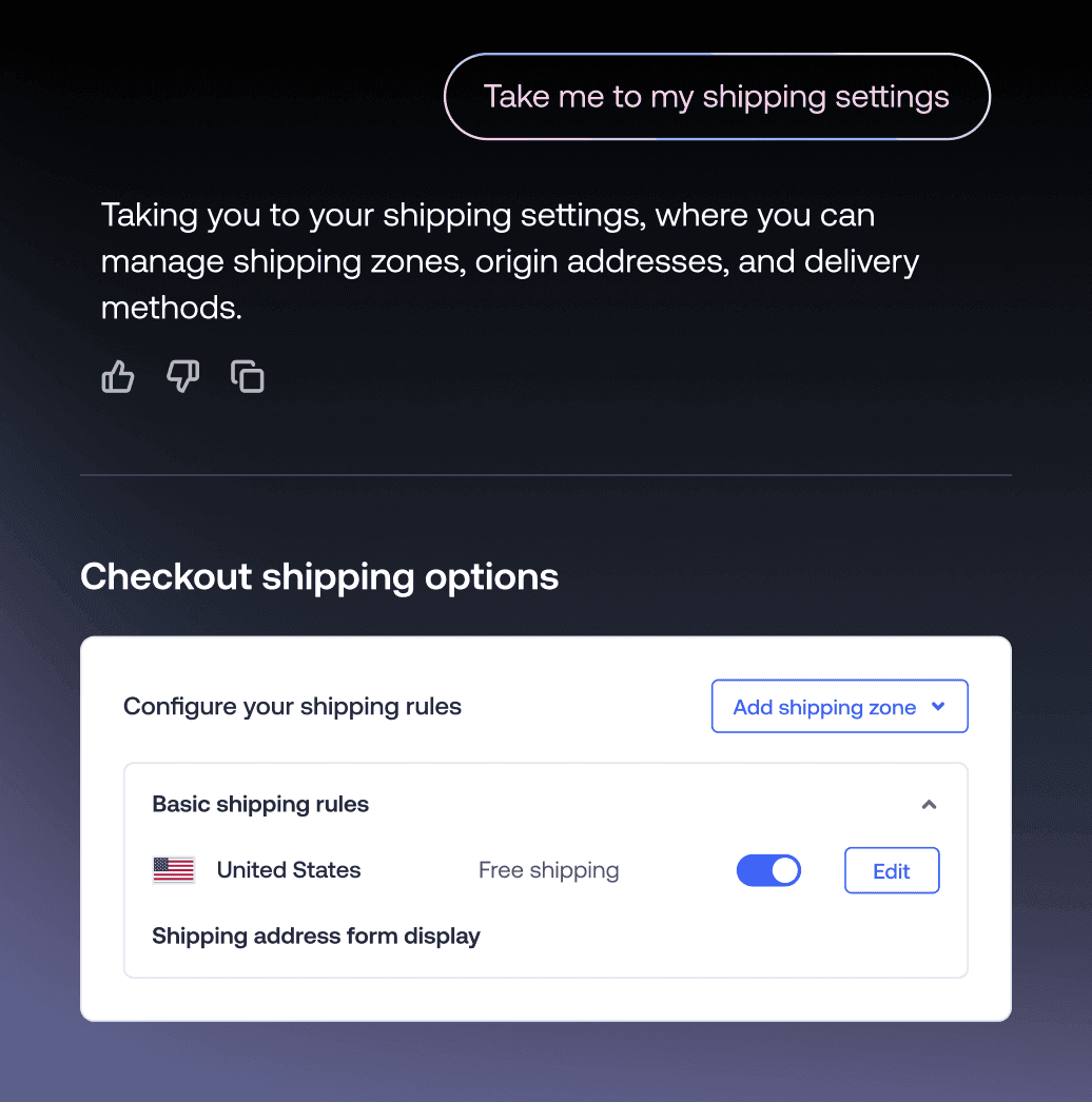 Pannello delle opzioni di spedizione checkout con regole di base per la spedizione e un interruttore per la spedizione gratuita negli Stati Uniti
