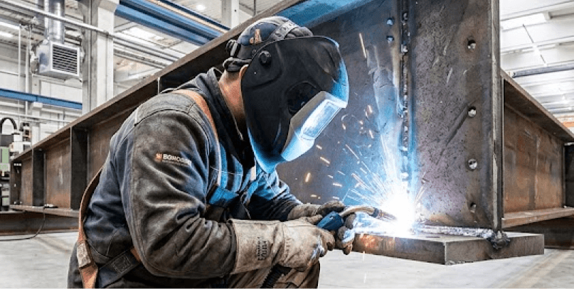 saldatore industriale con indumenti protettivi e maschera che salda una pesante trave d'acciaio in una fabbrica