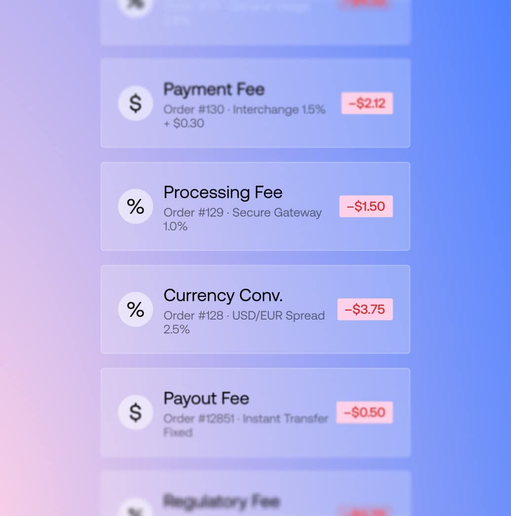 Feed della dashboard finanziaria che mostra le detrazioni per singola voce per le commissioni di pagamento, elaborazione e conversione di valuta.