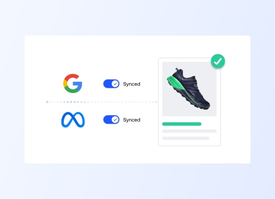 Un'interfaccia utente che mostra un prodotto di scarpe da corsa sincronizzato correttamente con i canali di vendita Google e Meta.
