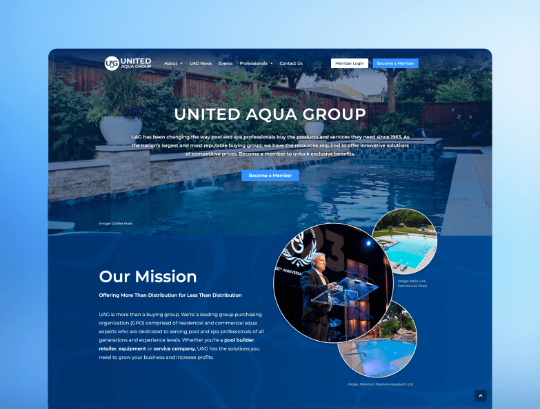 Homepage ecommerce di United Aqua Group che presenta servizi per piscine e spa commerciali.