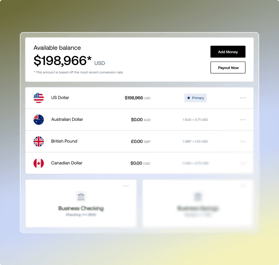 Dashboard finanziaria che mostra un saldo disponibile di 198.966 $ USD e opzioni di conto multivaluta.