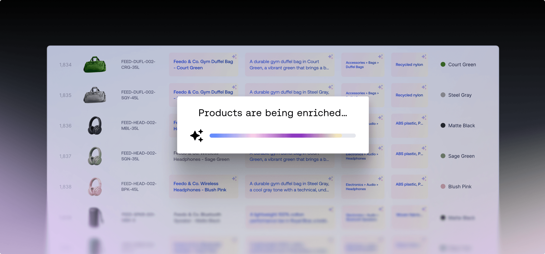 Dashboard di gestione del catalogo ecommerce che mostra una barra di caricamento “I prodotti sono in fase di arricchimento”.