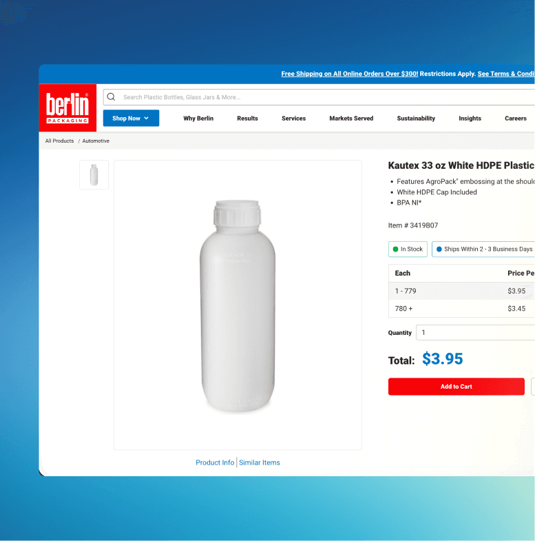 Pagina dei dettagli del prodotto di Berlin Packaging che mostra una bottiglia bianca in plastica HDPE da 33 oz.