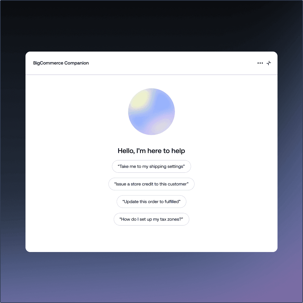 Interfaccia dell'assistente AI BigCommerce Companion che mostra suggerimenti di prompt su una scheda modale.