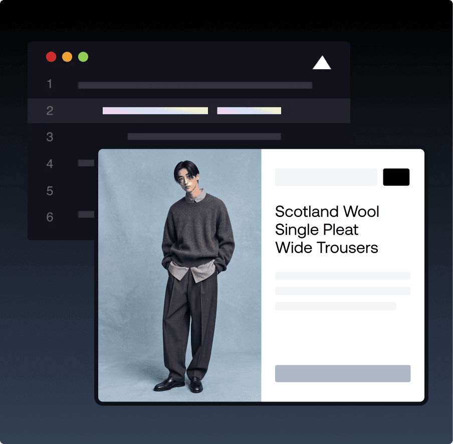 Interfaccia web e-commerce di abbigliamento che mostra la scheda prodotto Scotland Wool Wide Trousers con elementi di codice sullo sfondo