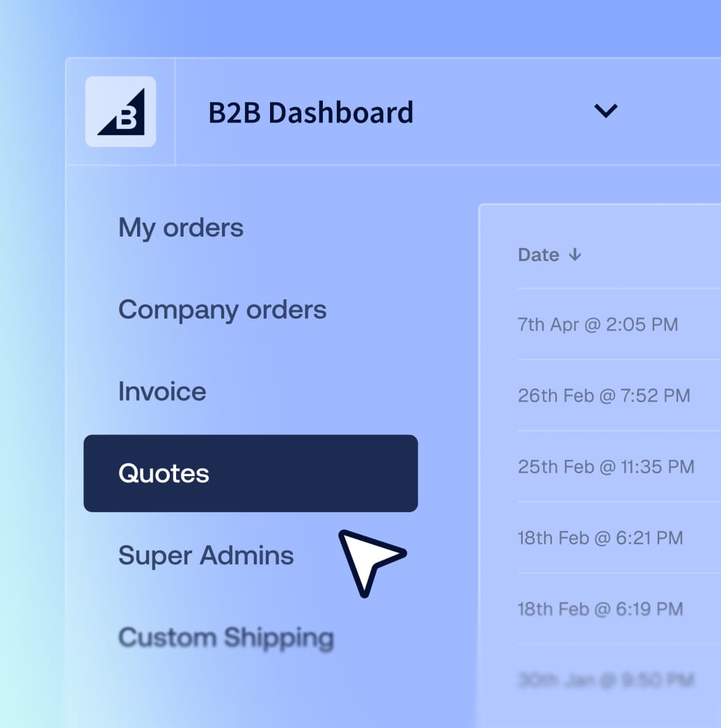 Menu di navigazione della dashboard B2B di BigCommerce che evidenzia la scheda Preventivi con il cursore del mouse puntato su di essa.
