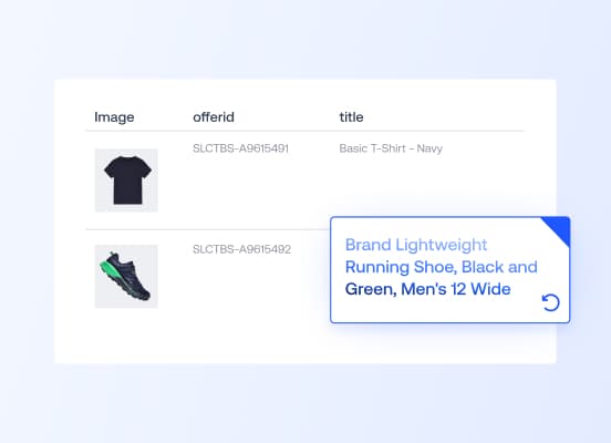 Un’interfaccia utente che mostra i dati di prodotto di una t-shirt e di una scarpa da corsa, con un pop-up che mostra un titolo ottimizzato per la scarpa da corsa.