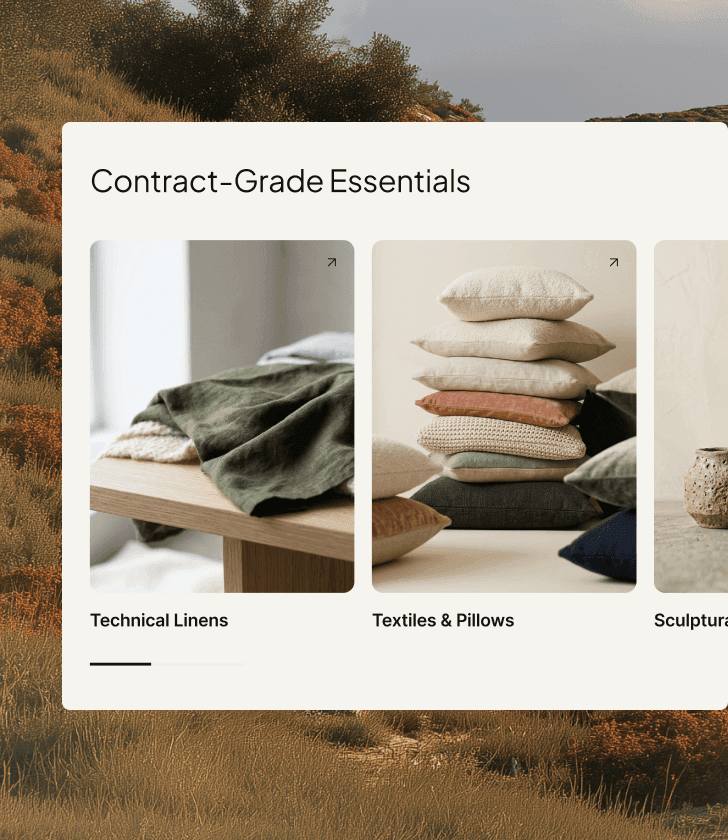 Layout di categoria Essentials di livello contract che mostra le schede di Biancheria tecnica e tessuti e Cuscini.