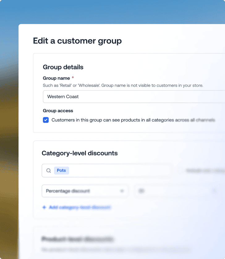 Modulo di modifica delle impostazioni di un gruppo clienti che mostra il campo del nome del gruppo e le regole di sconto a livello di categoria.
