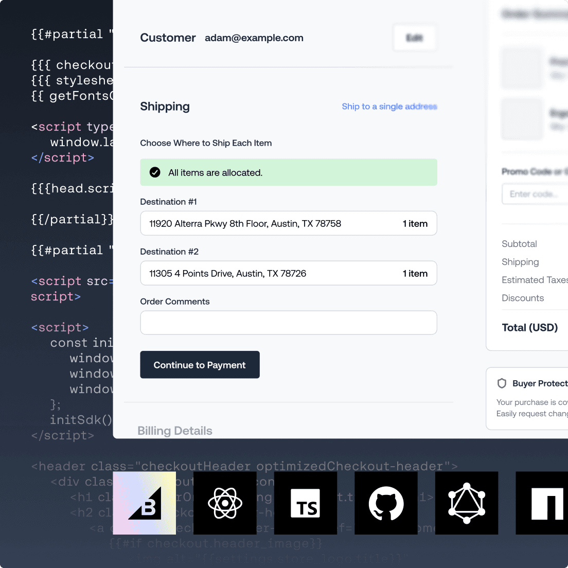 Flusso di pagamento BigCommerce che mostra i dettagli della spedizione a più indirizzi, la sovrapposizione di codice e i loghi dell’ecosistema tecnologico