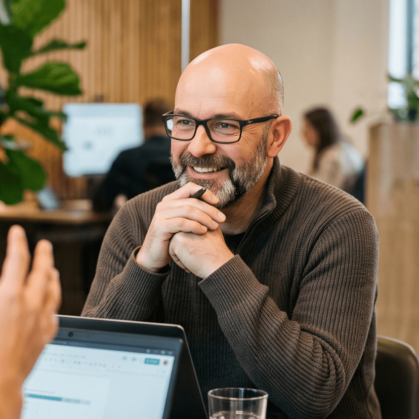 Uomo sorridente con occhiali e barba che si sporge in avanti durante una discussione con un collega in un ufficio moderno.