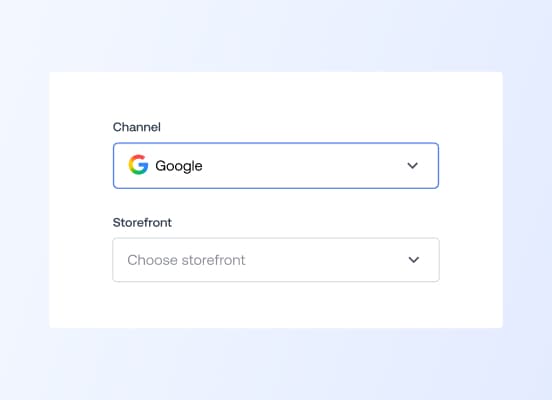 Un'interfaccia utente che mostra un menu a discesa per selezionare un canale di e-commerce, con Google selezionato.