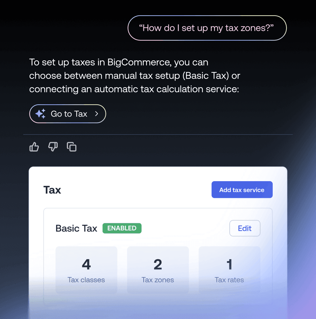 Schermata della chat di configurazione delle imposte di BigCommerce che mostra la configurazione dell'imposta di base con categorie e zone d'imposta