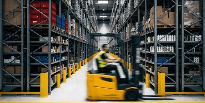 Carrello elevatore Yellow che percorre un'ampia corsia di magazzino fiancheggiata da scaffalature alte.
