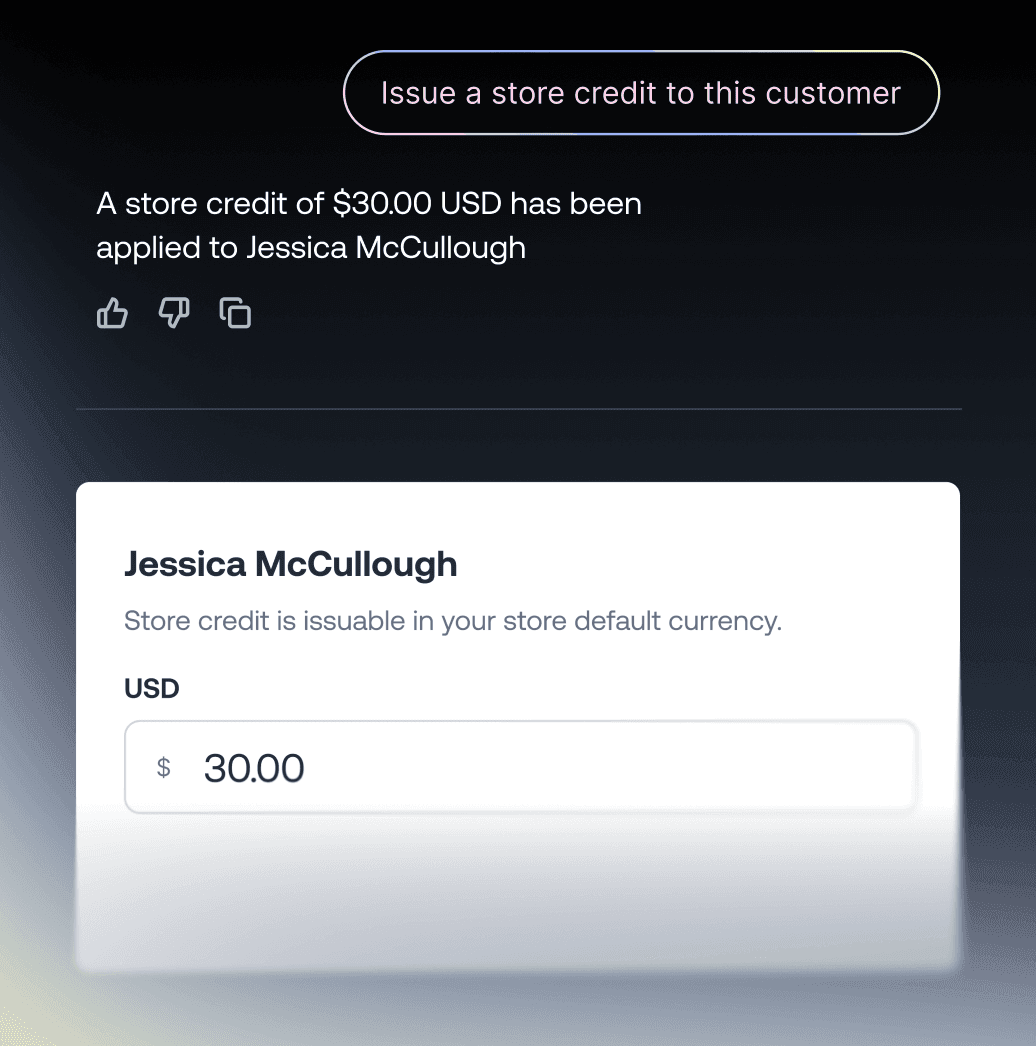 Interfaccia del credito del negozio che mostra un credito di 30,00 $ USD applicato all'account di un cliente.