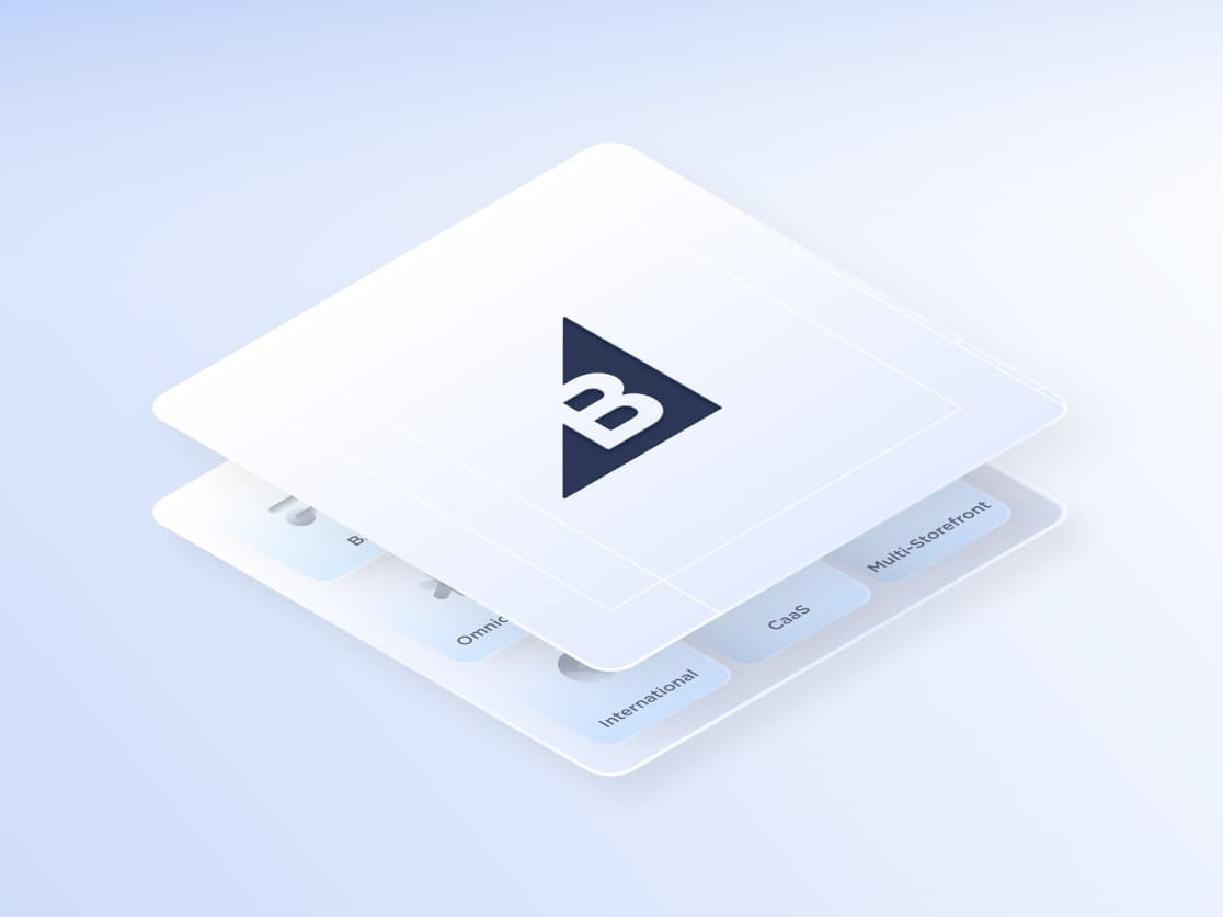 Schede digitali impilate che mostrano le funzionalità di BigCommerce, tra cui Multi-Storefront, CaaS e International.