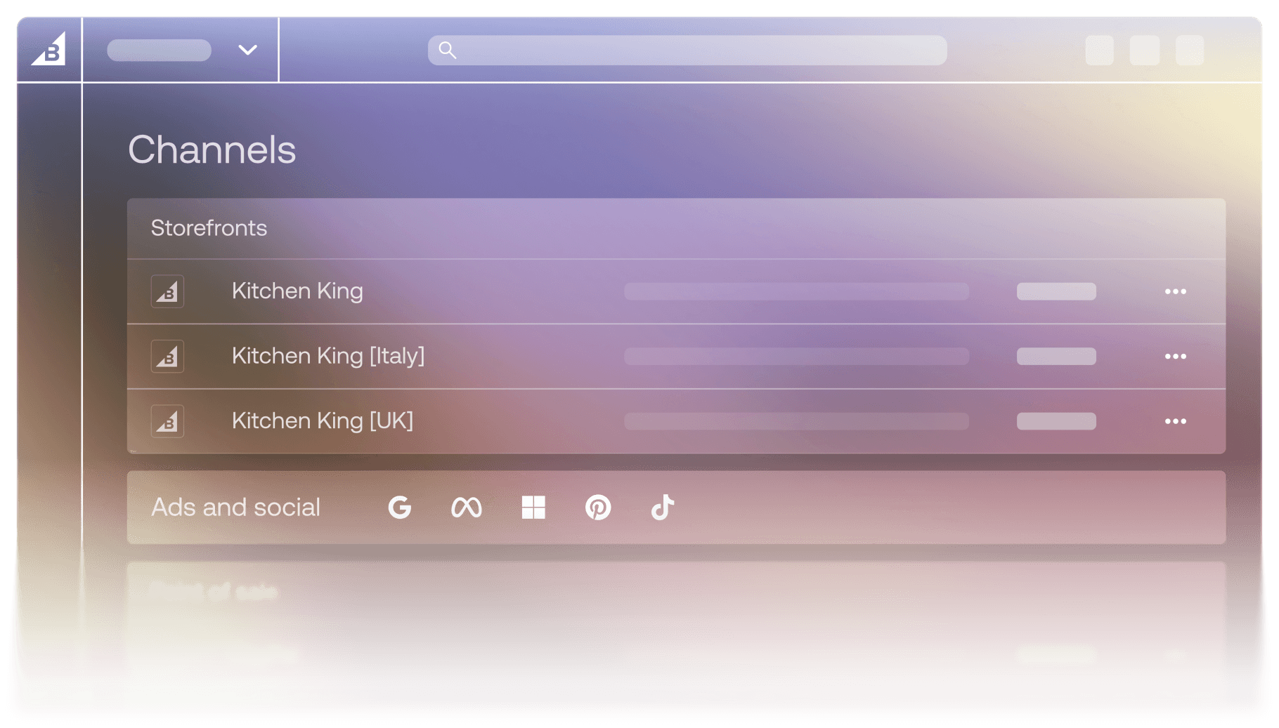 Schermata della dashboard dei canali ecommerce che mostra le storefront localizzate di Kitchen King per l'Italia e il Regno Unito.
