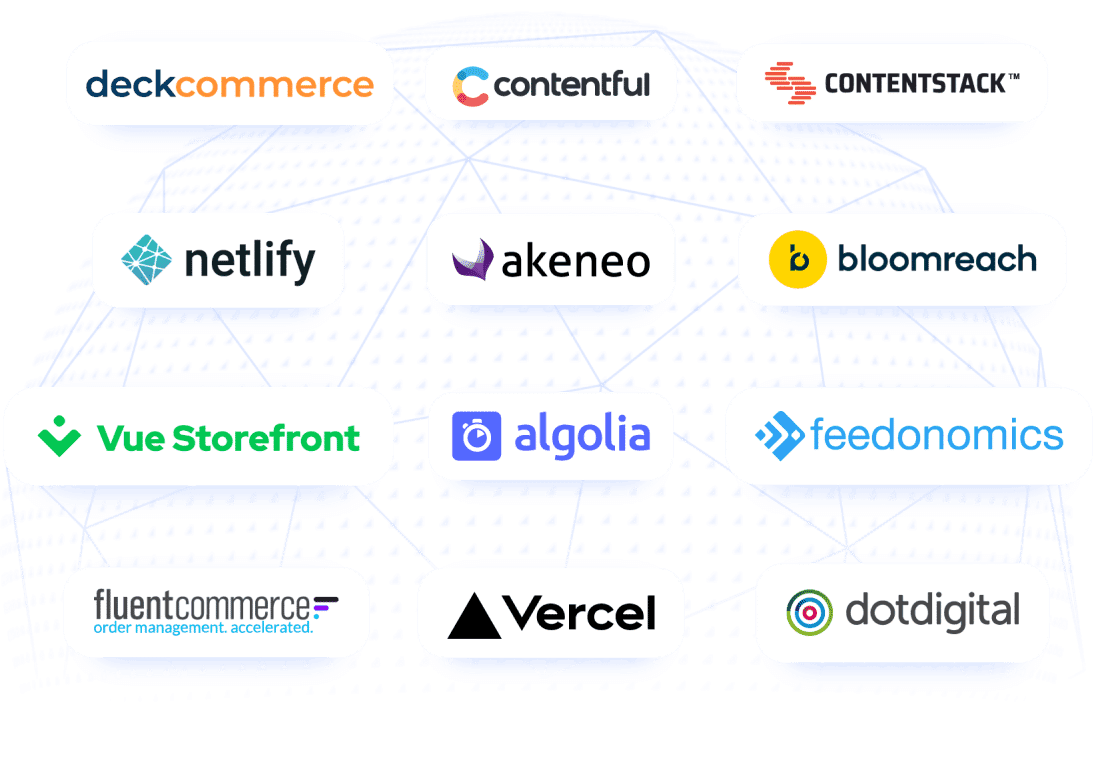 Illustrazione Ecosistema Partner Globe Deckcommerce Contentful Contentstack Netlify Akeneo