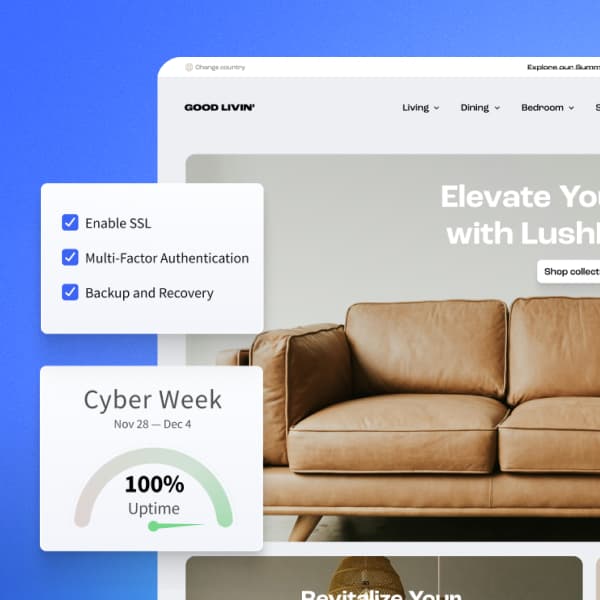 Uno screenshot che mostra un divano con elementi di testo come "GOOD LIVIN'", "Living . Dining v Camera da letto w", "Elevate Yo" e varie frasi relative alla tecnologia e alle vendite, tra cui "Abilita SSL", "Autenticazione Multi-Fattore" e "Cyber Week". Lo schermo contiene un mix decorativo di font e layout.